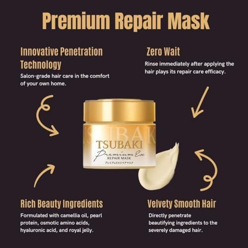 TSUBAKI Shiseido Premium Repair Hair Mask 180g-deeply penetrates into The Hair for to Provide and Lock in nutrients for sustained Effects of Salon Treatment Hair Mask 180g