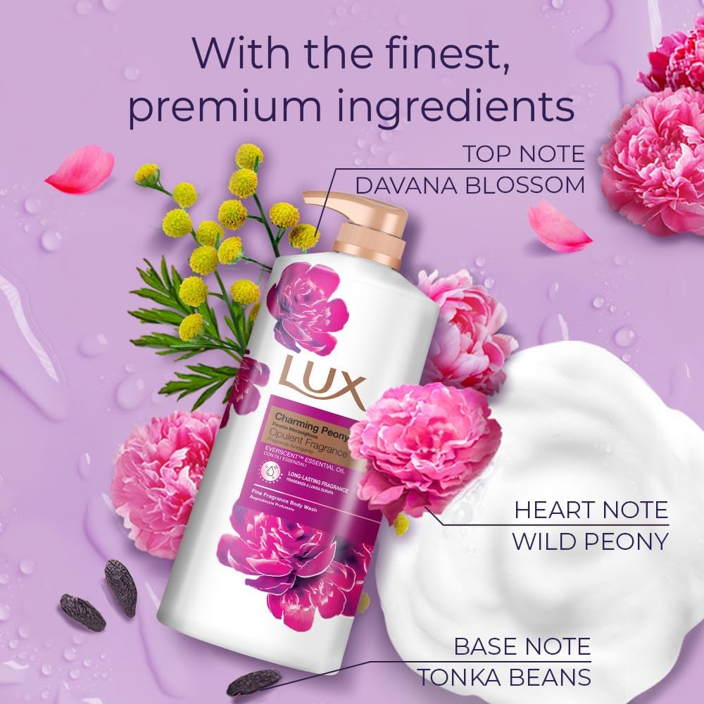 LUX Charming Peony Body Wash with Orange Oil - Men's & Women's Aromatic, Long-Lasting Fine Fragrance Shower Gel, Nourishing Body Cleanser, Aromatic Fragrance Bath Soap - Pack of 1, 1L