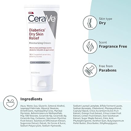 CeraVe Moisturizing Cream for Diabetics’ Dry Skin 236ml | Urea Cream with Bilberry for Face and Body | Fragrance Free & Paraben Free | 8 Ounce