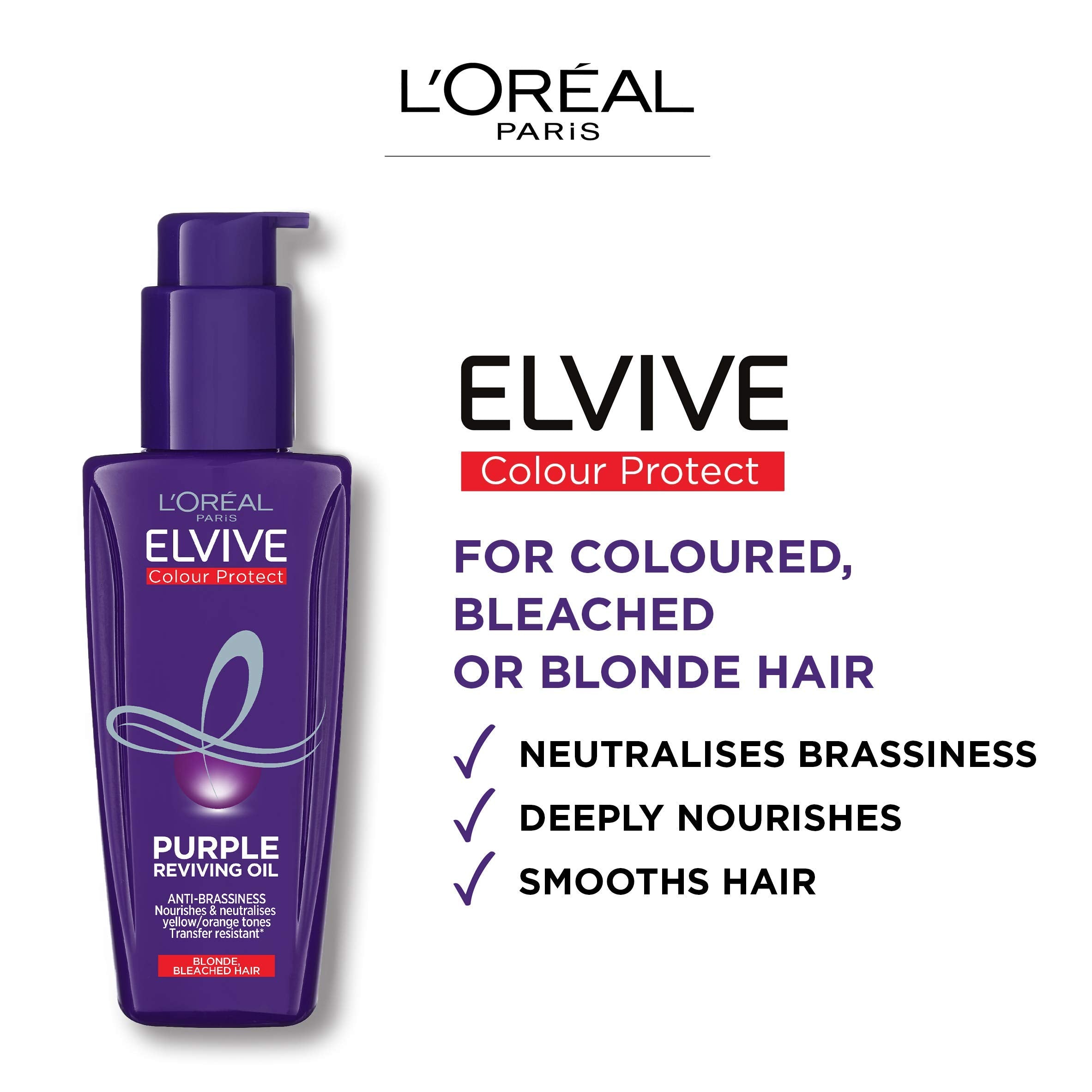 L’Oréal Paris L'Oreal Elvive Colour Protect Purple Anti-Brassiness Hair Oil For Highlighted Brunette, Blonde & Grey Hair 100ml