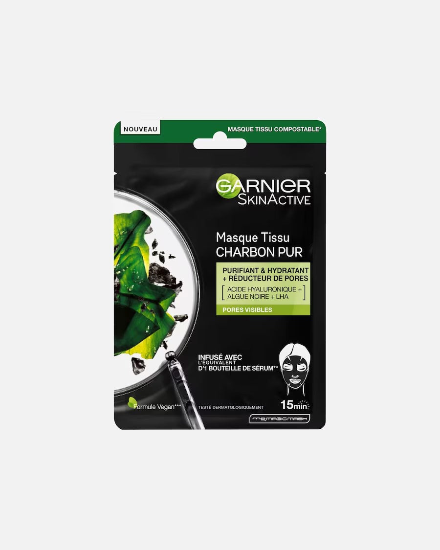 Garnier Hydrating Tissue Mask for Face, With Natural Charcoal, Seaweed, and Hyaluronic Acid, For Pore Tightening, SkinActive Pure Charcoal, 28g