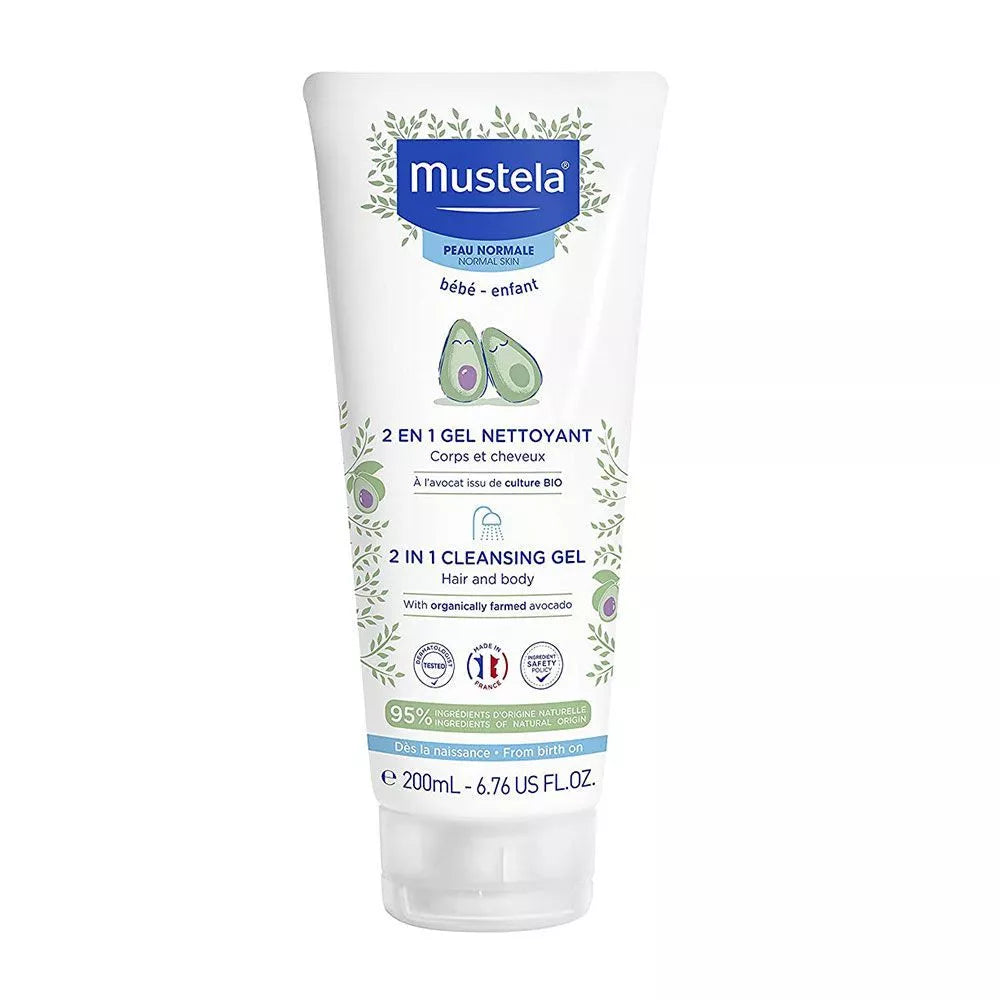 Mustela Baby 2-in-1 Cleansing Gel - Baby Body & Hair Cleanser - with Natural Avocado - Biodegradable Formula & Tear-Free - 200ml