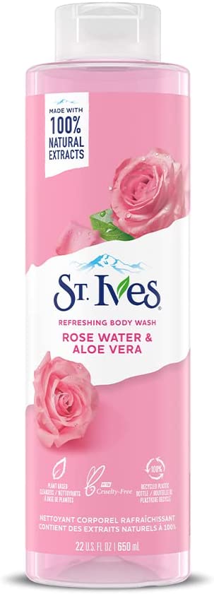 St Ives Refreshing Cleanser Rose Water & Aloe Vera Body Wash|Shower gel For Women| 100% Natural Extracts | Cruelty Free | Paraben Free |650ml | 22OZ, Transparent