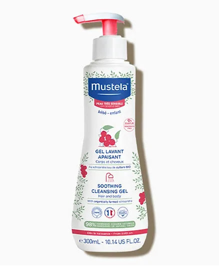 Mustela Baby Soothing Cleansing Gel - Fragrance-Free Hair & Body Wash for Very Sensitive Skin - with Natural Avocado Perseose & Schizandra Berry - 300ml