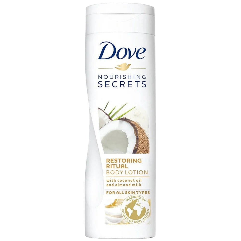 Dove Body Love Restoring Care Body Lotion, made with 100 percent Natural Oils, Coconut Oil and Almond Milk, up to 72 hours of Moisturization, 250ml